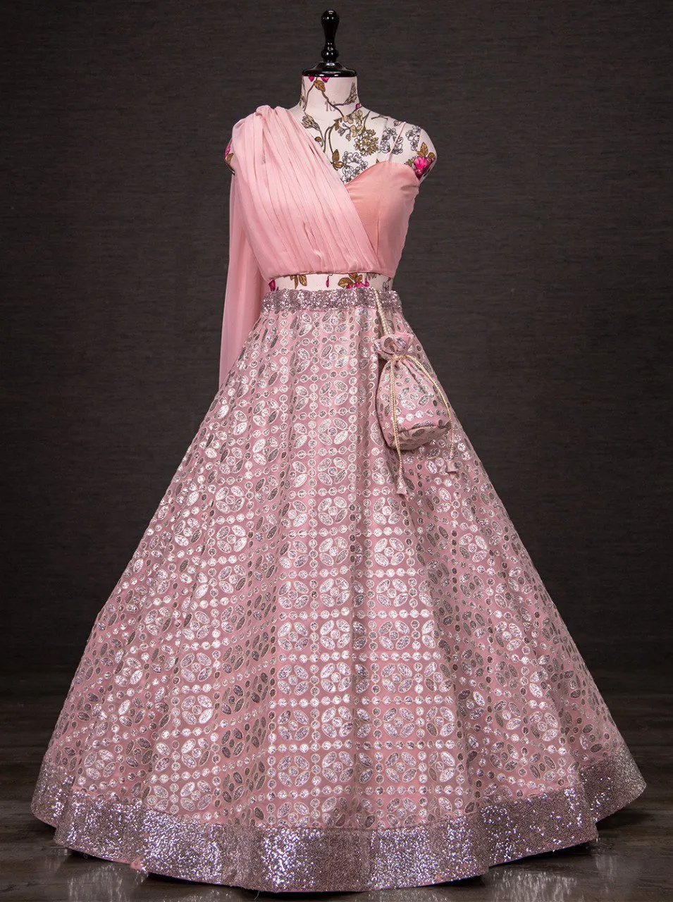 Readymade Pink Sequined Gown With Attached Dupatta 268GW02