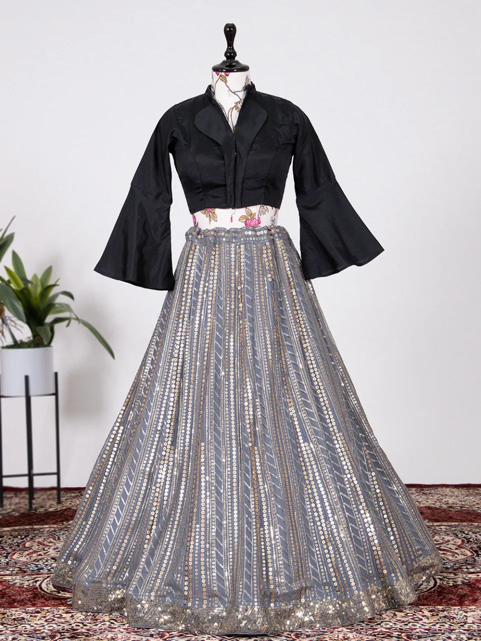 Lycra Party Wear Lehenga in Black and Grey with Stone work | Indian gowns  dresses, Party wear lehenga, Indian fashion dresses