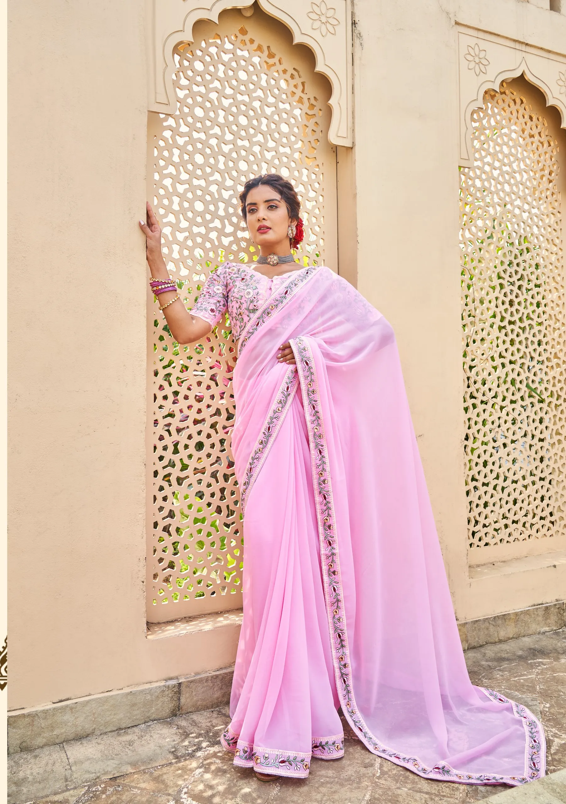 Baby Pink Saree with Thread and Embroidered Blouse