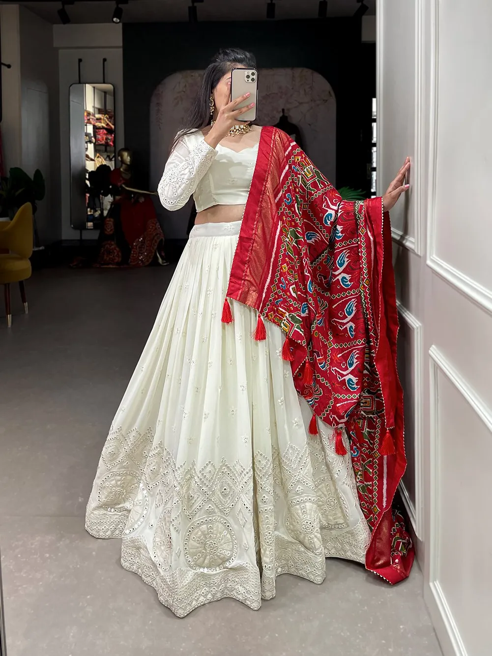 Buy Yug Fashion Women's Wedding Special Semi Stiched Red White Silk Lehenga  Choli With Duptta & Blouse. (Free Size) at Amazon.in