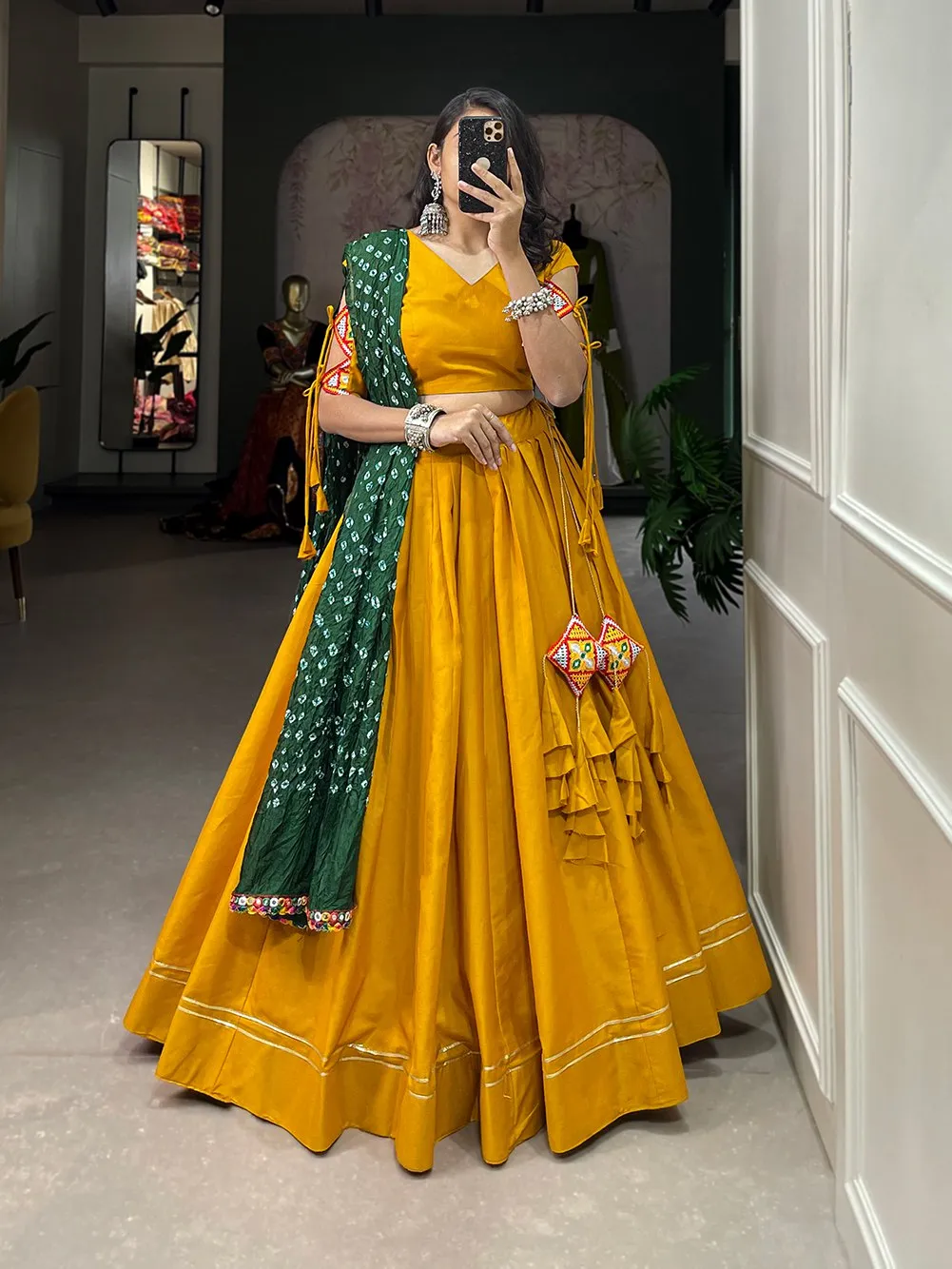 Green & Orange Embroidered Ready to Wear Lehenga & Unstitched Blouse With  Dupatta
