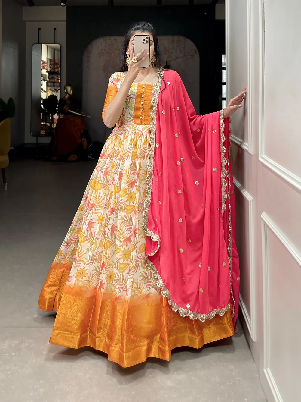 Yellow Chanderi Silk Readymade Floor Length Anarkali Suit 164277 | Indian  gown design, Indian gowns dresses, Long gown dress