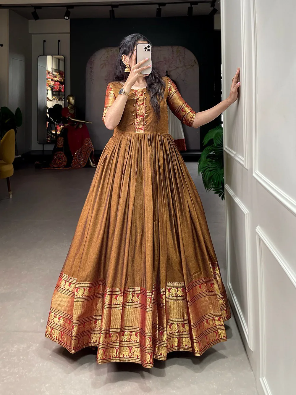 Nitya 138 Long Flair Cotton Gown With Printed Dupatta Pant