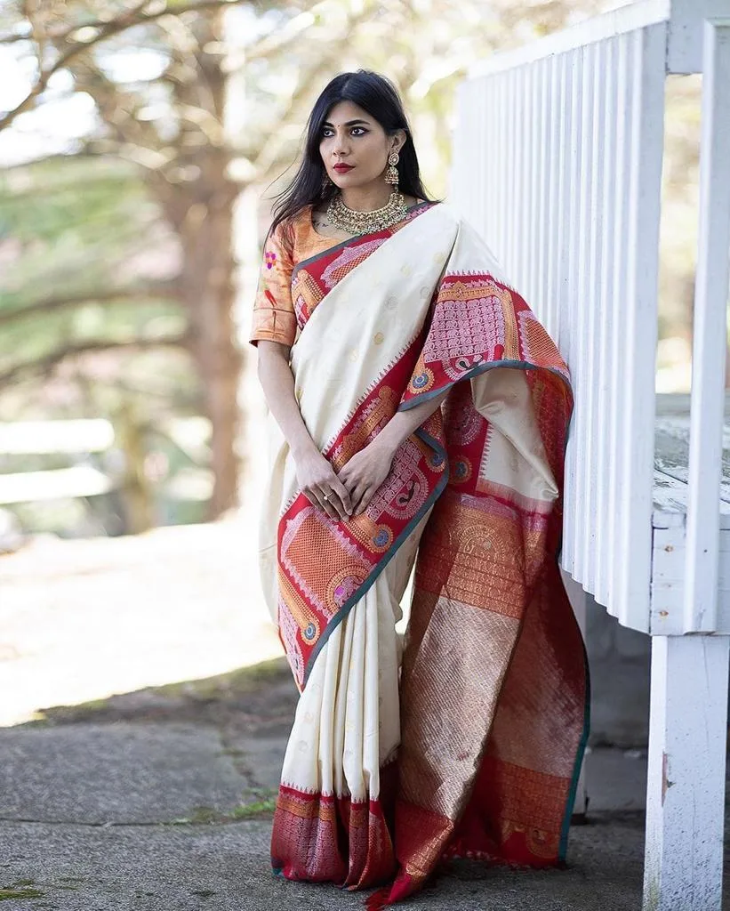 Classic Off White Soft Banarasi Silk Saree With Beauteous Blouse