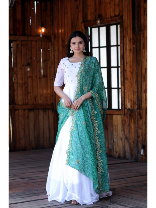 Bandhej Print Alia Cut Gown with Dupatta - Red – ADIWAA